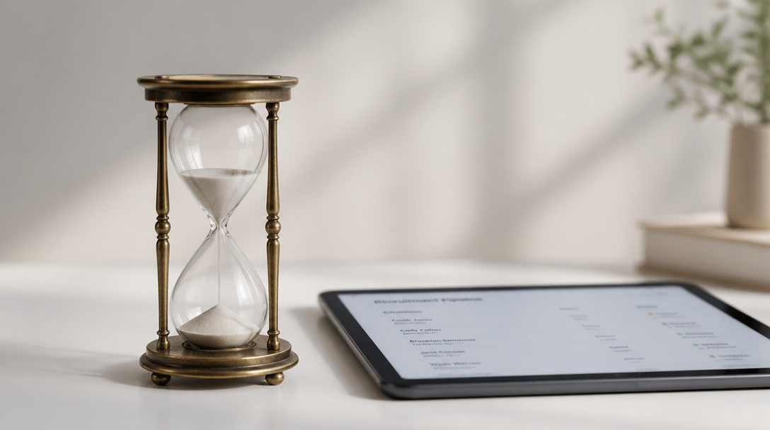 An hourglass next to a digital tablet illustrating the time tax of manual work