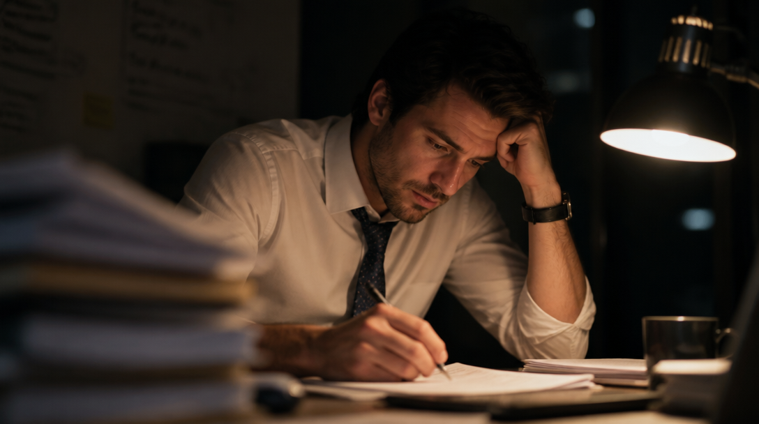Consultant working late at night surrounded by paperwork