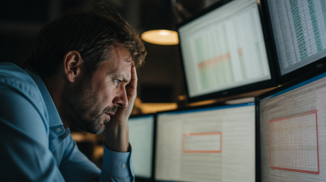An office worker looking overwhelmed by multiple siloed software systems on different screens