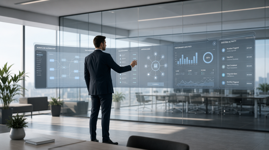 Professional working in a seamless office environment with integrated digital workflows.