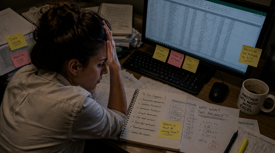 Frustrated professional working late at a desk covered in spreadsheets and notes