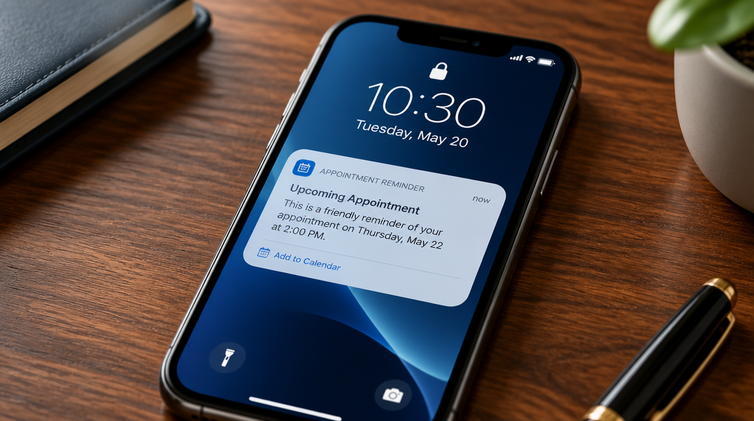 A smartphone displaying an automated appointment reminder notification