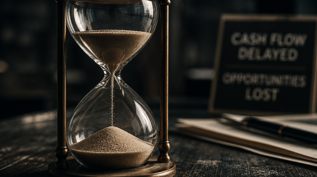 Hourglass on dark table representing time and money slipping away