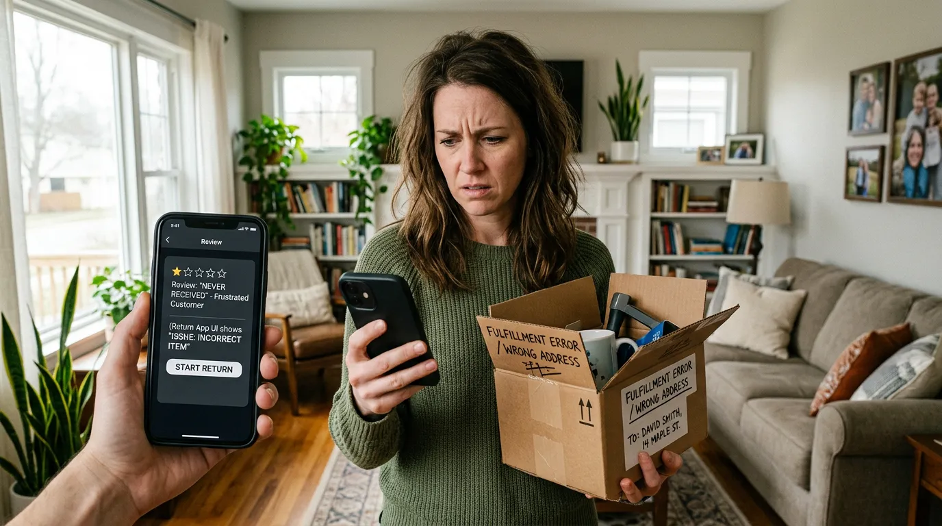 A frustrated e-commerce customer holding a misdelivered package, with a smartphone screen displaying angry social media reviews, set in a suburban home environment.