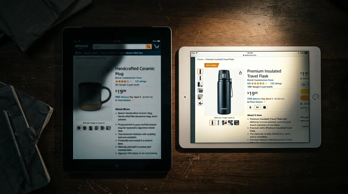 A visual metaphor showing the suppression of a marketplace product listing in search results, due to poor seller performance metrics.
