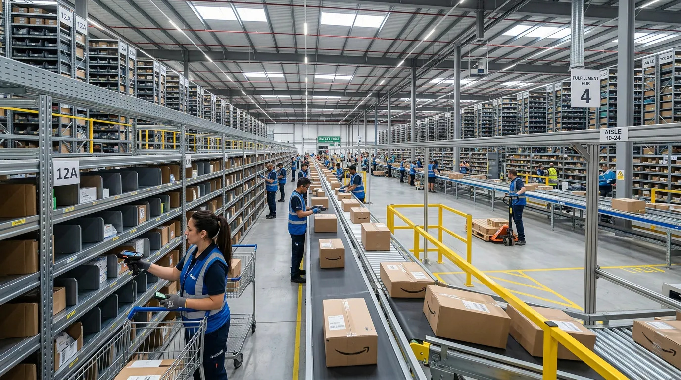A high-tech warehouse fulfillment center interior, showcasing barcode scanners, automated conveyors, and systematic order packing stations under bright, efficient lighting.