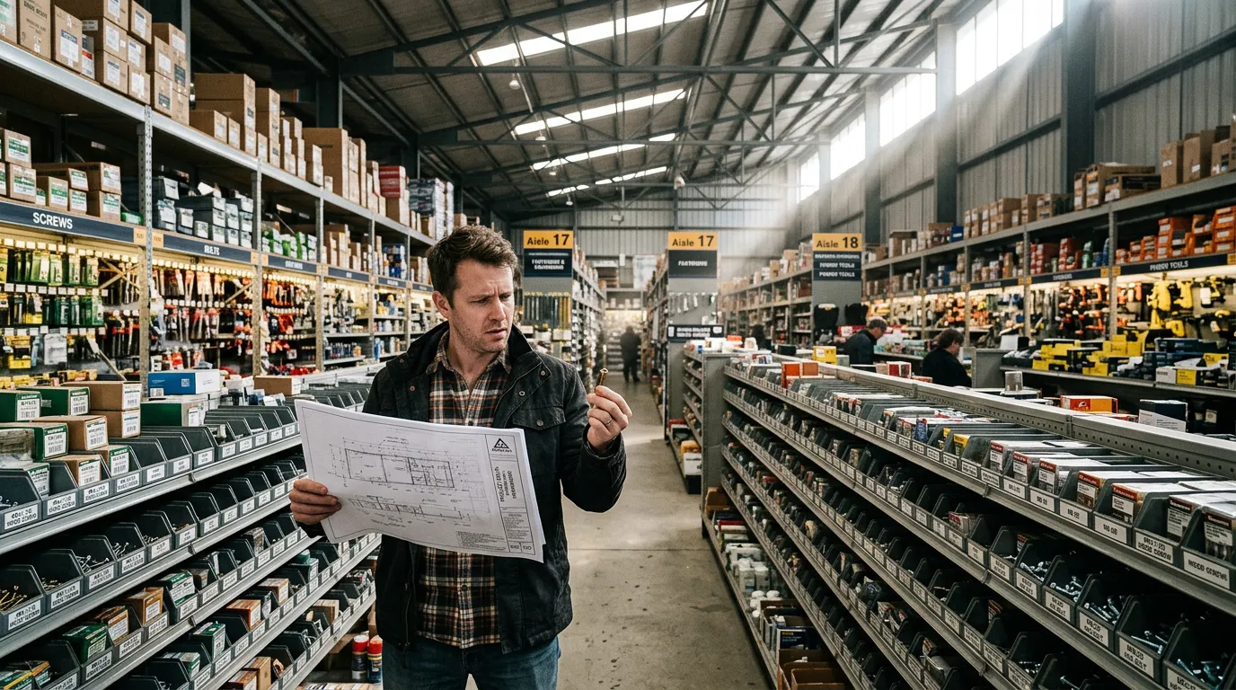 A person looking overwhelmed in a large hardware store full of tools and parts, representing the versatility of a general-purpose AI.