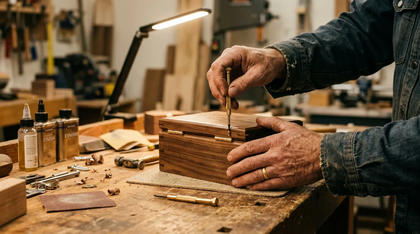 A craftsman's hands assembling a finished, polished wooden box on a custom workbench, symbolizing a specialized, integrated tool.