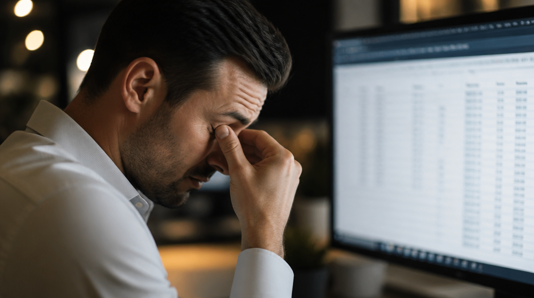 Exhausted worker staring at complex spreadsheets late on a Friday