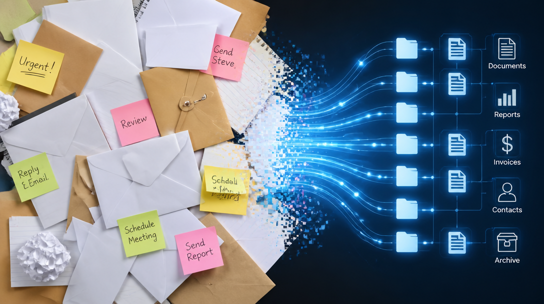 Visualizing the transition from messy manual inbox triage to organized sorting.