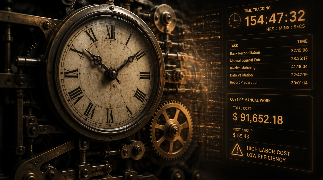 Mechanical clock blending into a digital interface representing time and cost