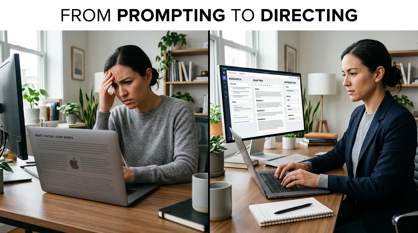 A split-screen composition: on the left, a person looking frustrated at a screen full of generic text; on the right, the same person confidently directing a complex, organized workflow interface.