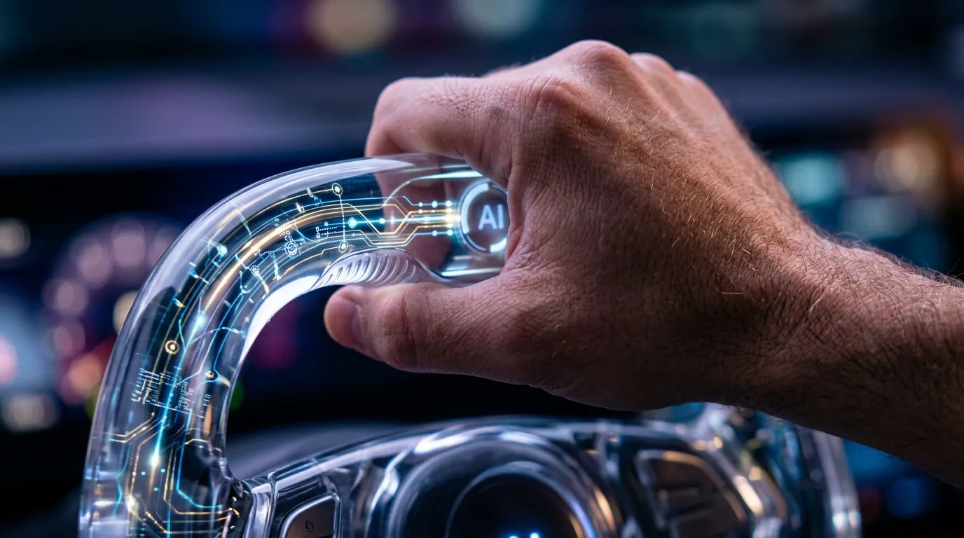 A human hand confidently guides a sleek, futuristic steering wheel or control yoke. The wheel is transparent, with data streams and network nodes visible inside it, symbolizing a human directing an AI-powered system.