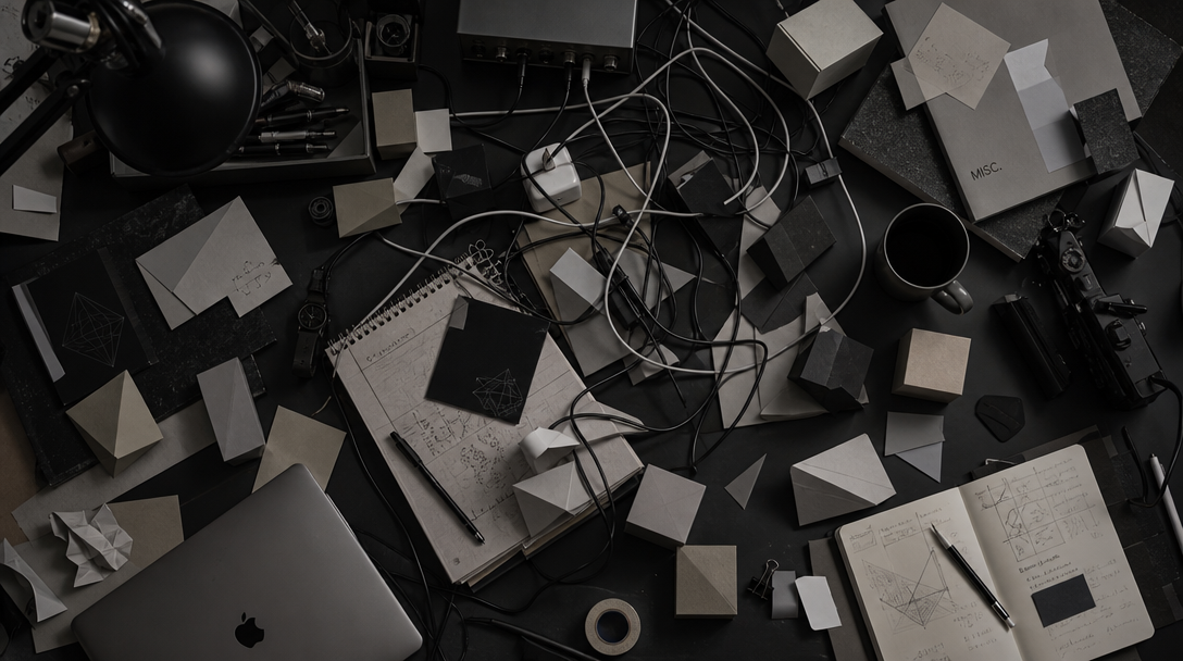 A disorganized desk with tangled cables and chaotic paper blocks symbolizing a fragmented content workflow.