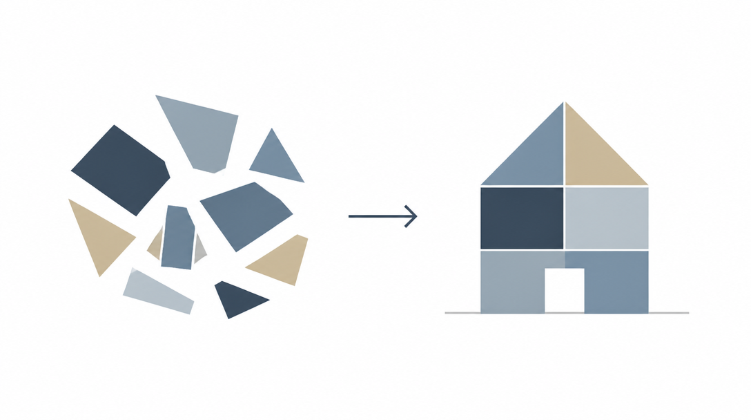 Scattered fragments being reassembled into one clean structure